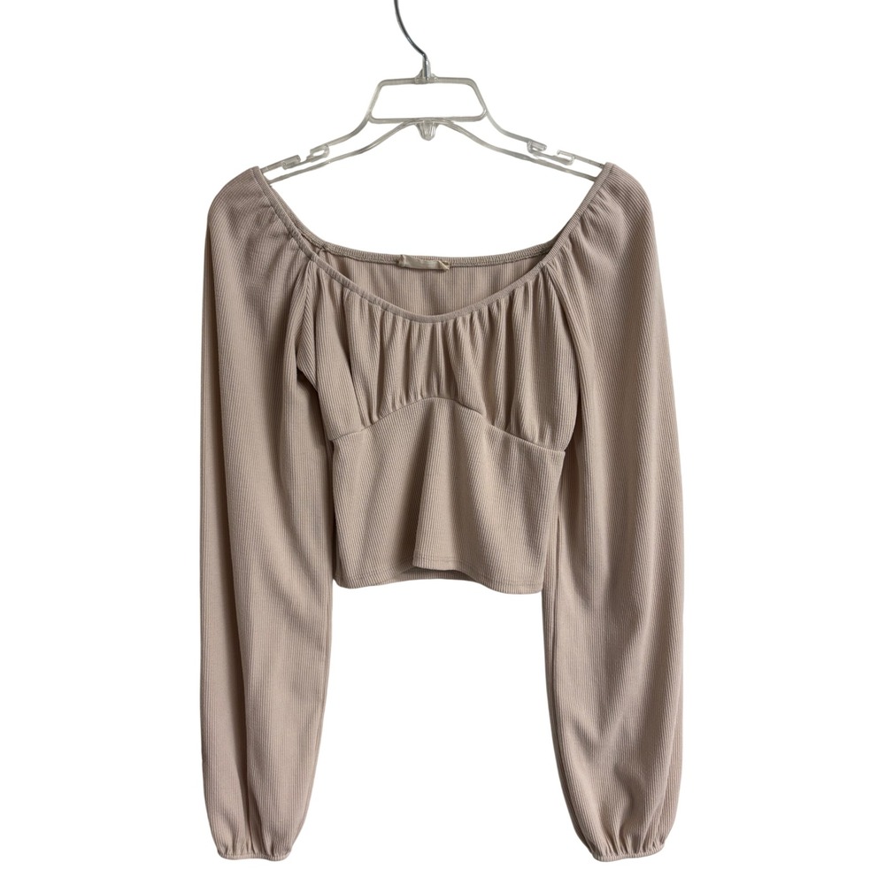 Altar'd State Sweetheart Ribbed Puff Sleeve Crop Top Oatmeal Beige Large